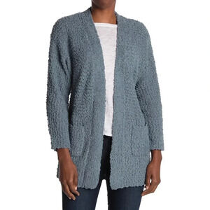 Bobeau Open Front Patch Pocket Popcorn Knit Cardigan Lt Peacock Blue Women's M
